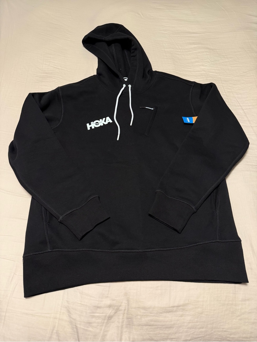 Hoka One One Black Pullover Hoodie with White Drawstrings